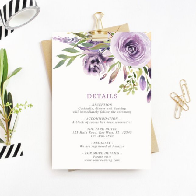 Purple Rose Floral Wedding Details Enclosure Card Begleitkarte (Von Creator hochgeladen)