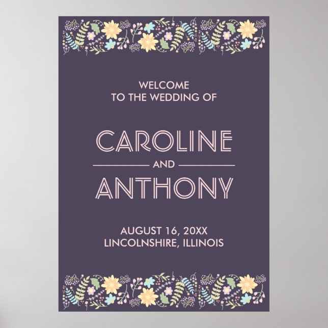 Purple rose moderne Mariage Affiche de bienvenue (Devant)
