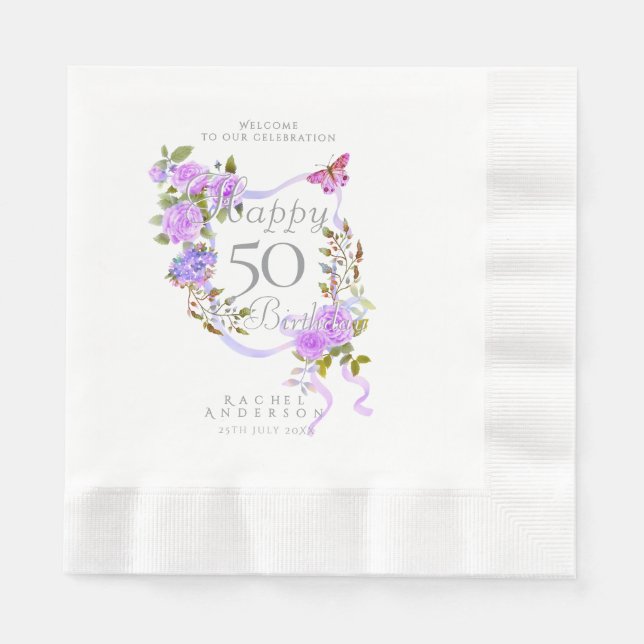 Purple Rose Ribbon 50th Birthday Serviette (Vorderseite)
