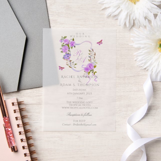 Purple Rose Ribbon Monogram Wedding  Invitation (Mariage)