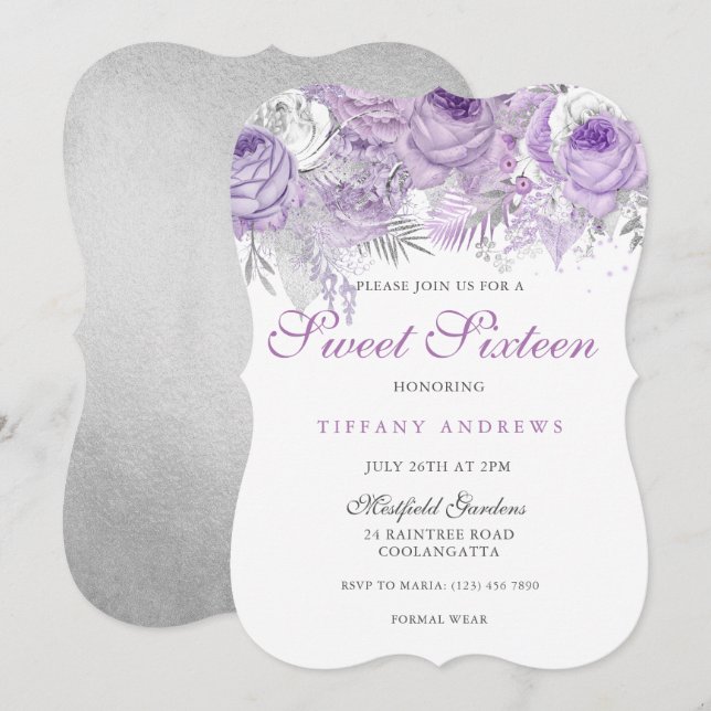 Purple Rose Silver Wonderland Sweet 16 Invitation (Devant / Derrière)