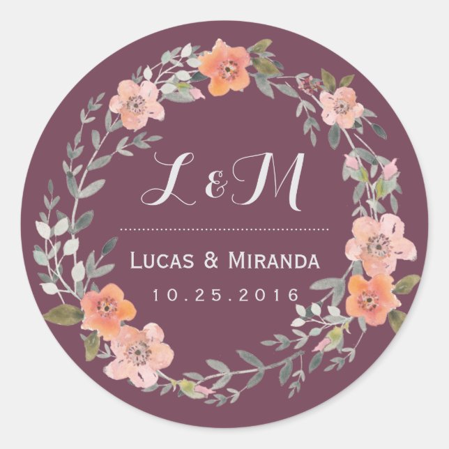 Purple Rustique Fleur Wreath Wedding Favor Sticker (Devant)