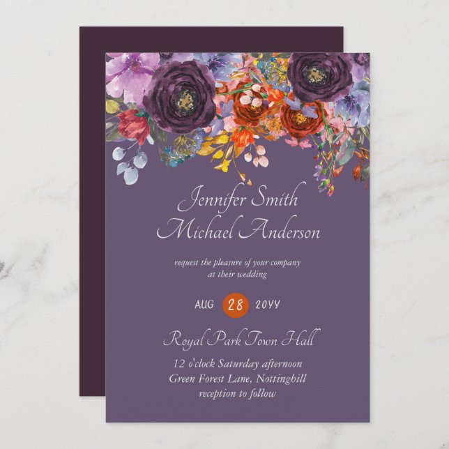 Purple Sage Orange Rose Floral Invitations de mari (Devant / Derrière)