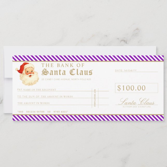 Purple Santa Cheque Gift Voucher Card Einladung (Vorderseite)