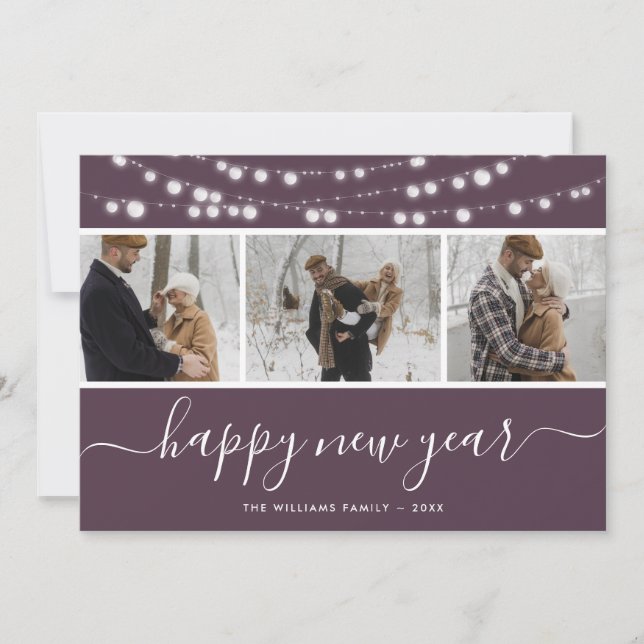 Purple Script Photo Collage Bonne année Carte (Devant)
