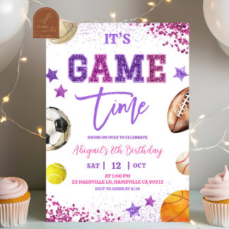 Purple Sequin Sports Birthday Einladung