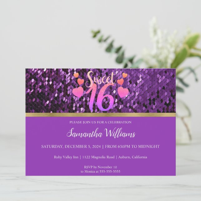 Purple Sequins Sweet 16 Invitation (Debout devant)