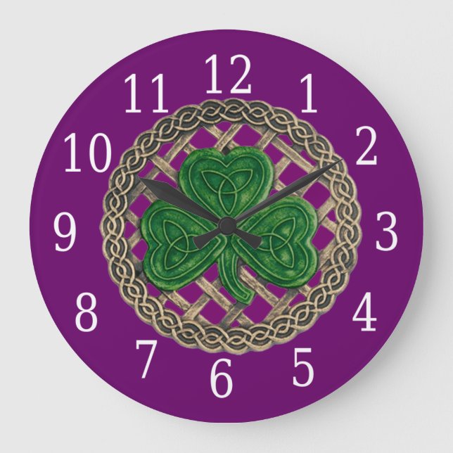 Purple Shamrock And Celtic Knots Round Clock Große Wanduhr (Vorderseite)