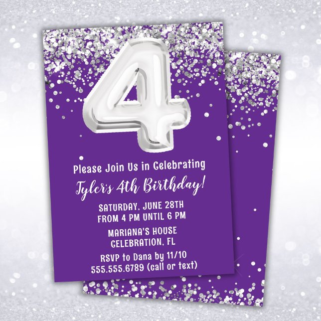 Purple Silver 4e anniversaire de fête Invitation (Créateur téléchargé)