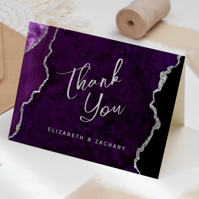 Purple Silver Agate Script Wedding Thank You Karte (Von Creator hochgeladen)