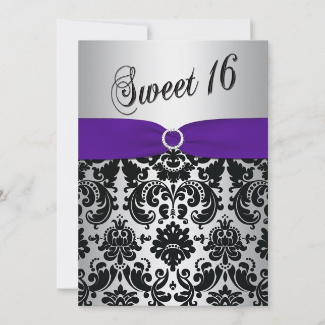 Purple, Silver, Black Damask Sweet 16 Invitation (Devant)