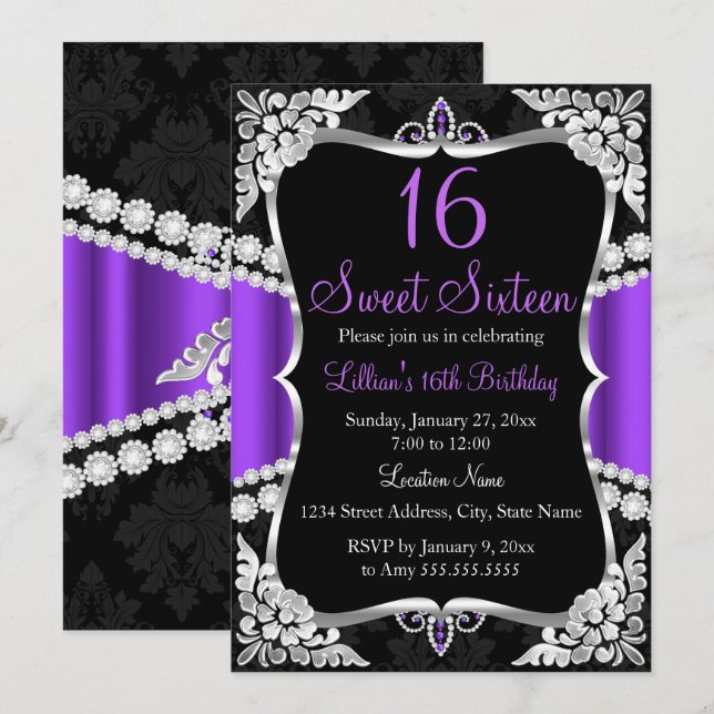 Purple Silver Black Tiara Sweet 16 Invitation (Devant / Derrière)