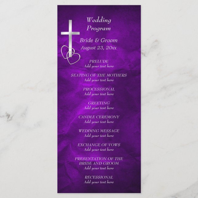 Purple Silver Christian Cross Wedding Programme (Devant)