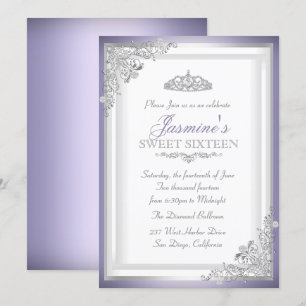 Purple Silver Damask & Tiara Sweet 16 Invitation