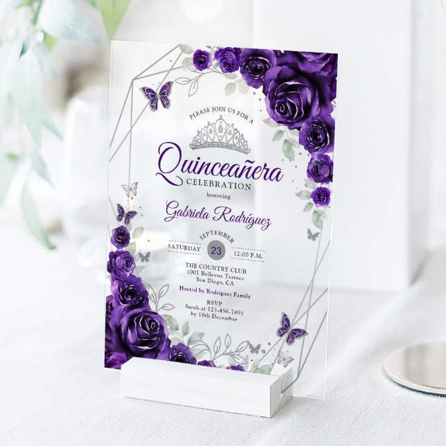 Purple Silver Floral Quinceanera Acryleinladungen (Von Creator hochgeladen)