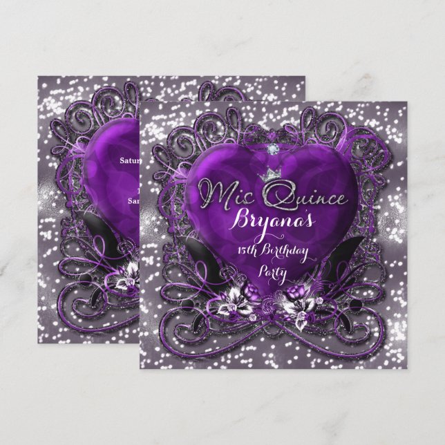 Purple & Silver Heart Mis Quince 15e Invitation (Devant / Derrière)