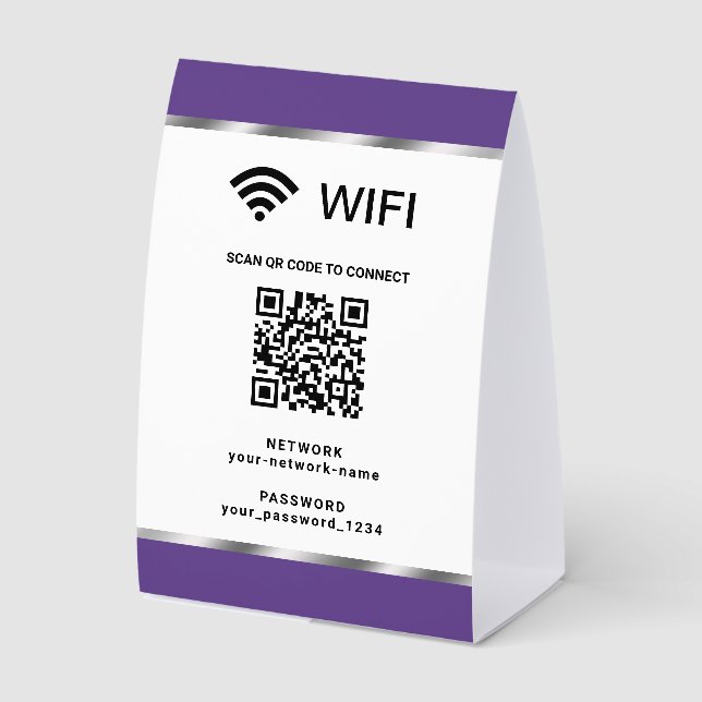 Purple Silver QR Code Wifi Network and Password Tischaufsteller (Vorderseite)