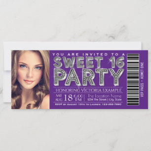 Purple Silver Sweet 16 Ticket Invitation