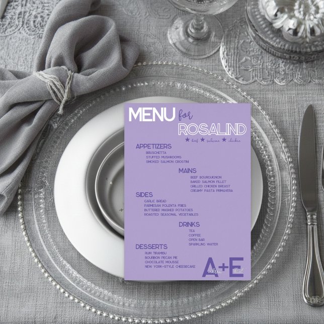 Purple & Silver Wedding Menu Card with Guest Names Folieneinladung (Von Creator hochgeladen)