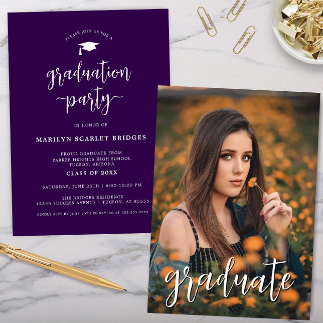 Purple Simple Moderne Script Graduation Invitation (purple graduation party invitation with simple modern typography and photo of graduate on the back)
