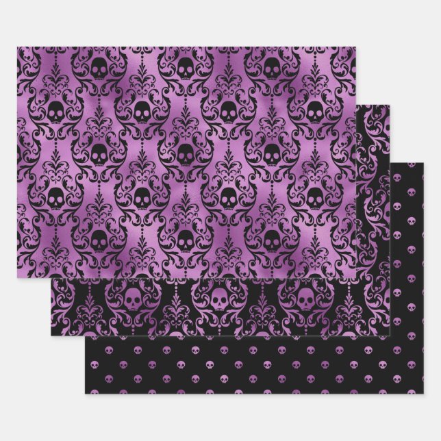 Purple Skull Halloween Damask Pattern Geschenkpapier Set (Set)