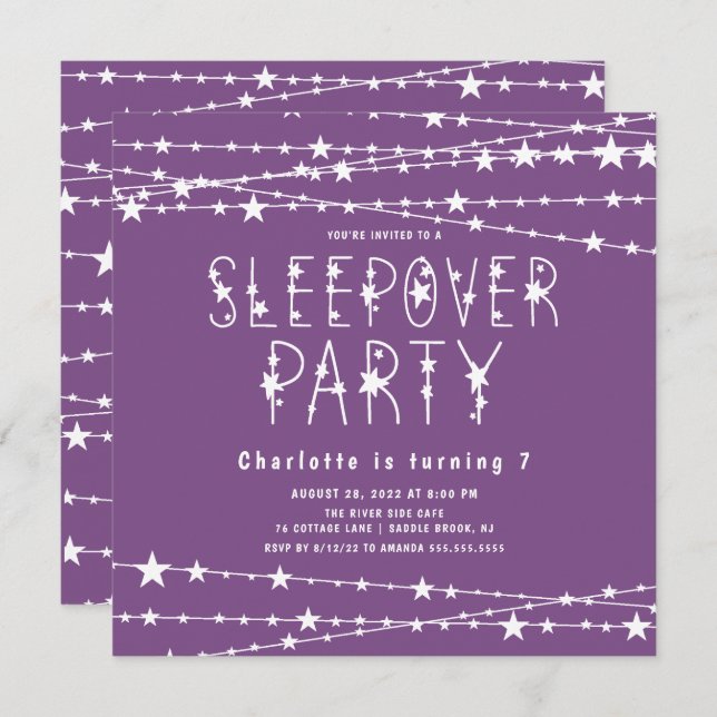 Purple Sleepover Anniversaire Fête Invitation (Devant / Derrière)