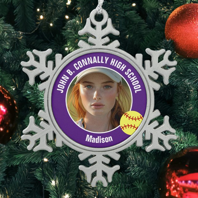 Purple Softball Player Photo High School Keepsake Schneeflocken Zinn-Ornament (Von Creator hochgeladen)