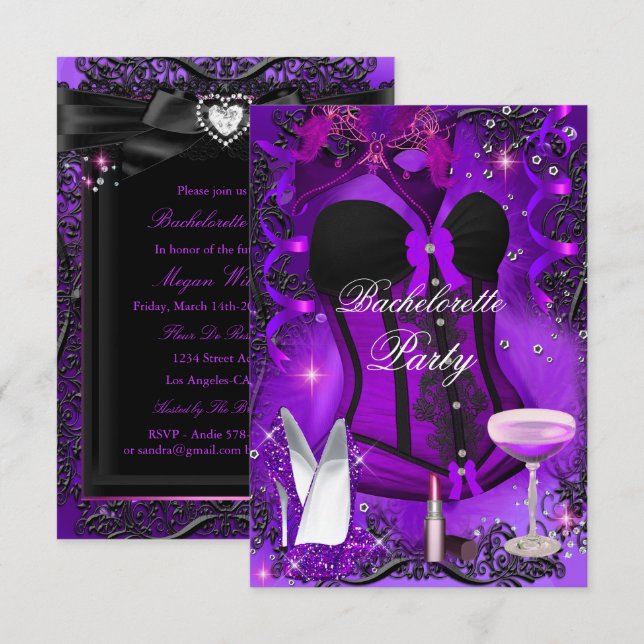 Purple Sparkle Celebration Bachelorette Invitation (Devant / Derrière)