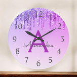 Purple Sparkle Glitter Monogram Name & Initial Große Wanduhr<br><div class="desc">Purple  Ombre Dripping Sparkle Glitter Monogram Name and Initial Serving Wall Clock. The Wall Clock makes the perfect gift for someone who loves purple sparkle glitter.</div>