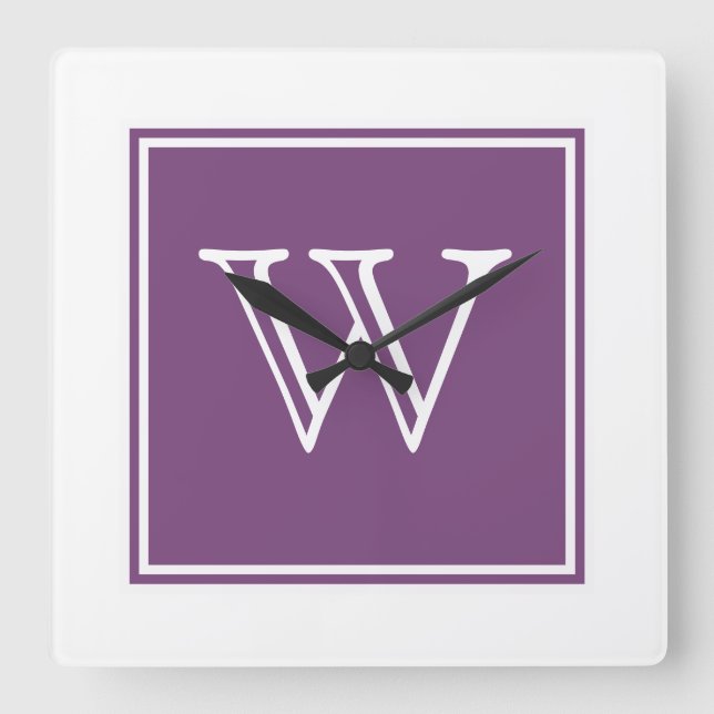 Purple Square Monogram Quadratische Wanduhr (Vorderseite)