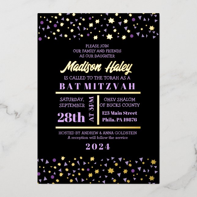 Purple Stars Bar Bat mitzvah Invitation Gold Inlay (Recto)
