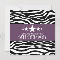Purple Stars Zebra Print Sweet 16 Invitation