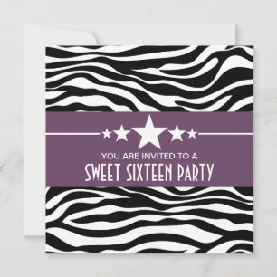 Purple Stars Zebra Print Sweet 16 Invitation