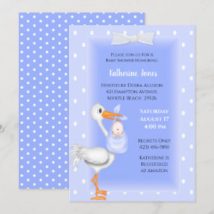 Purple Stork and Baby Boy Shower Invitations