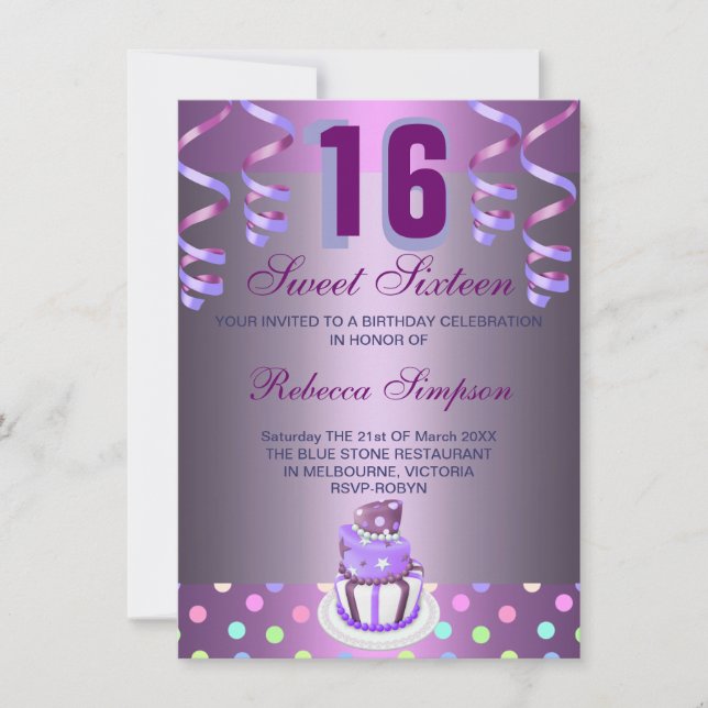 Purple Streamers & Cake Sweet 16 Invitation d'anni (Devant)