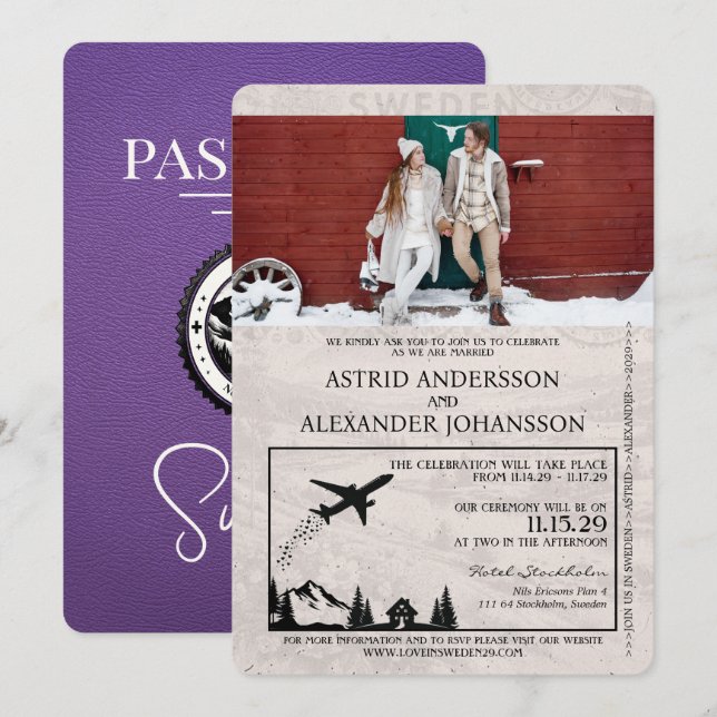 Purple Suède Faire-part de mariage de passeport (Devant / Derrière)