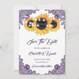 Purple Sunflower Floral Lace Rustic Wedding Save The Date