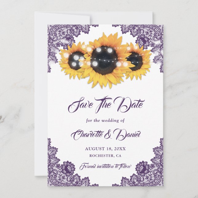 Purple Sunflower Floral Lace Rustic Wedding Save The Date (Vorderseite)