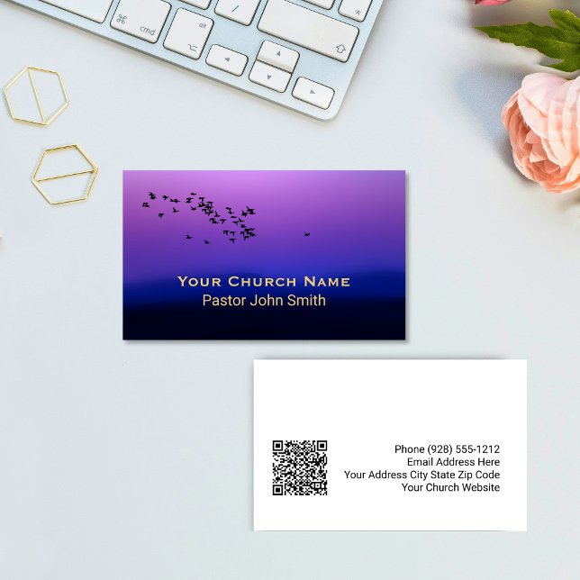 Purple Sunset Birds Church Pastor QR Code Visitenkarte (Purple Sunset Birds Church Pastor QR Code Business Card)