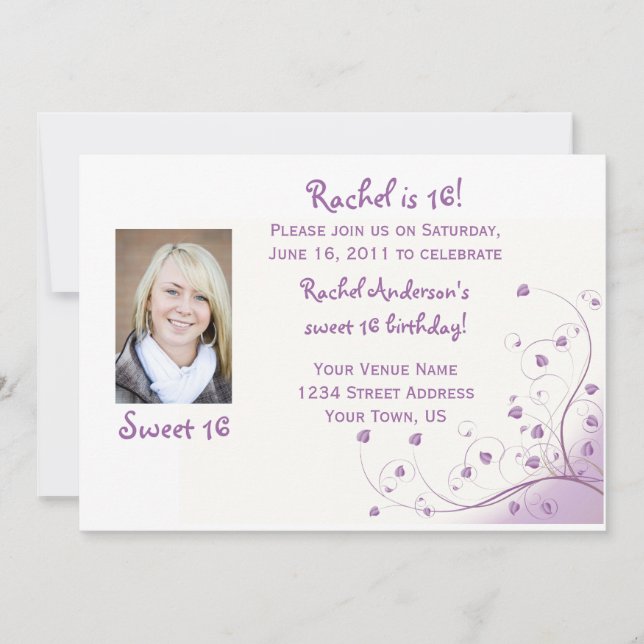 Purple Swirls Sweet 16 Anniversaire Invitation (Devant)