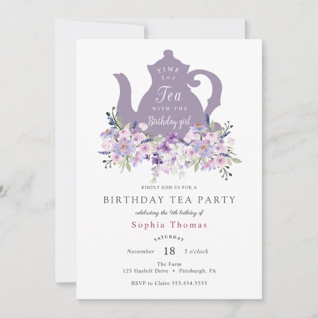 Purple Tea Party Anniversaire Invitation (Devant)