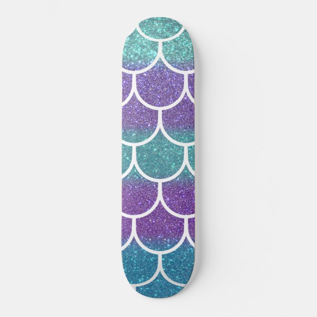 Purple Teal Glitter Mermaid Scallop Scales Skateboard (Vorderseite)