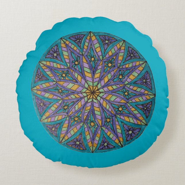 Purple/Teal Starburst Mandala Round Throw Pillow Rundes Kissen (Vorderseite)