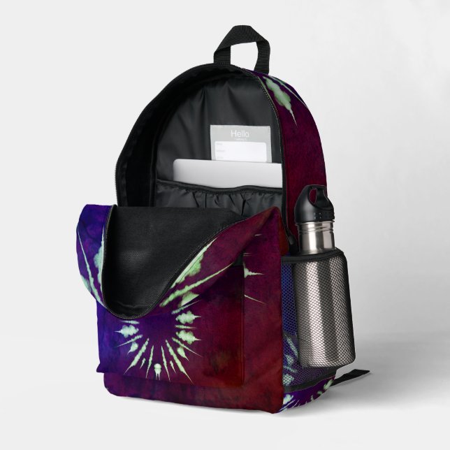 Purple Tie Dye Bedruckter Rucksack (Rückseitige Ecke links (Offen) )