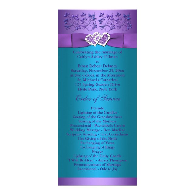Purple, Turquoise Floral Hearts Programme de maria (Devant)