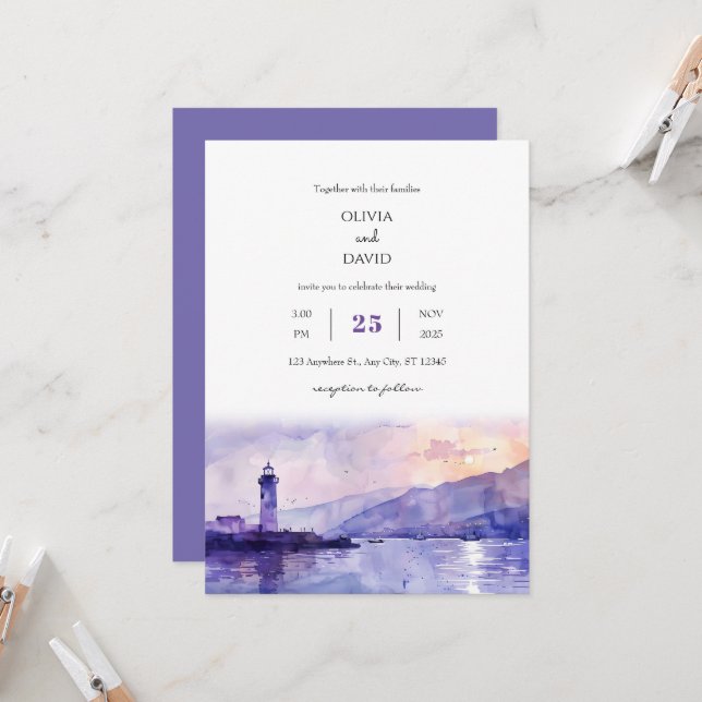 Purple Twilight Lighthouse Harbour Beach Wedding Einladung (Vorderseite/Rückseite Beispiel)