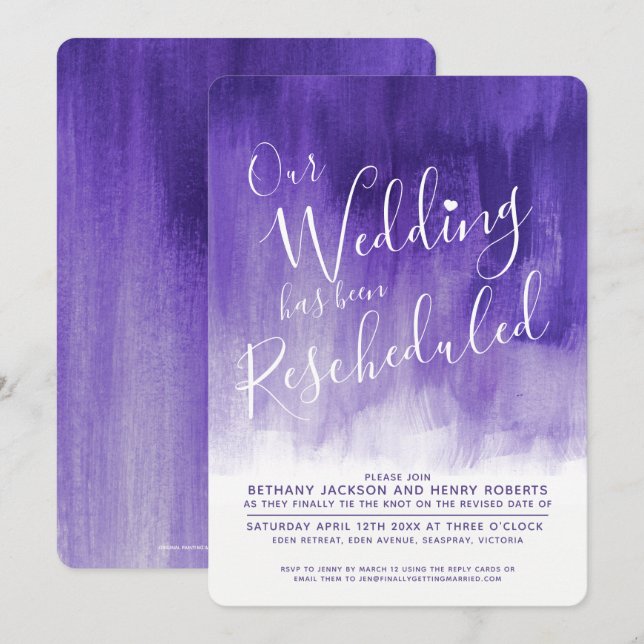 Purple ultra violet art rescheduled wedding einladung (Vorne/Hinten)