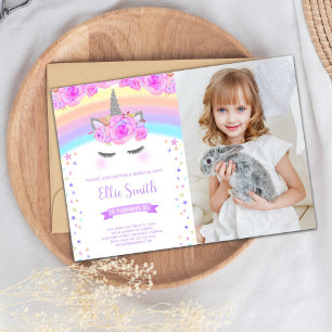 Purple Unicorn Anniversaire Invitation avec photo