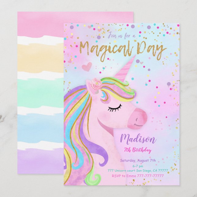 Purple Unicorn Invitation Anniversaire (Devant / Derrière)