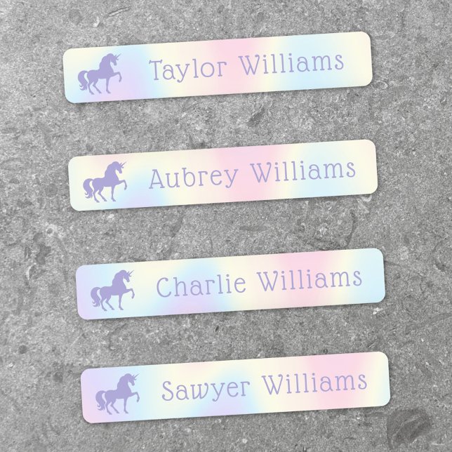 Purple unicorn pastel rainbow kids waterproof name etiketten (Purple unicorn pastel rainbow kids waterproof name labels)